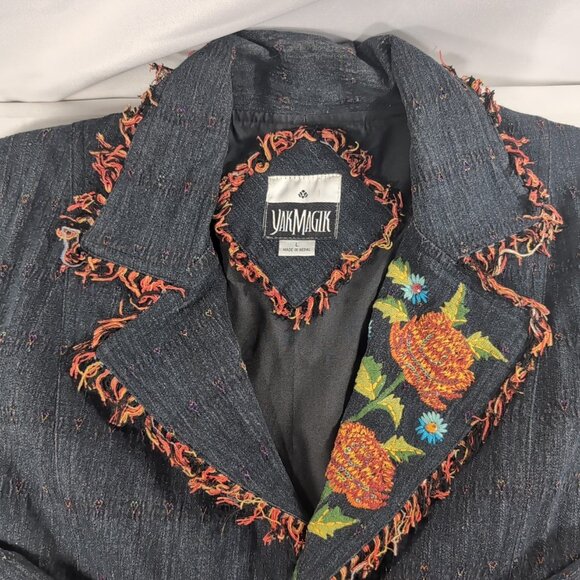 Yak Magik Denim Jacket Collar Embroidered Floral Fringe Sequin Blazer Blue Red L - Picture 12 of 16